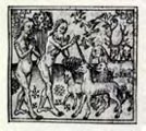 Adam names the animals in the Garden of Eden, beginning with the Unicorn.  Dutch Bible c. 1440. Printed in The Unicorn by N. Hathaway, 1980